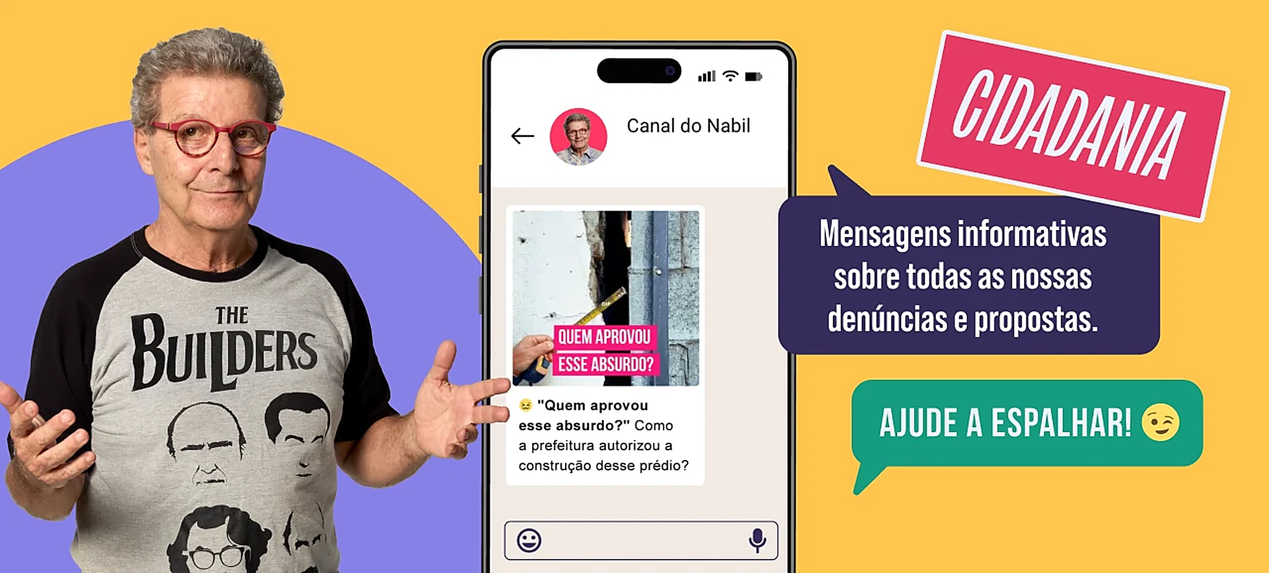 Canal do Nabil com mensagens informativas sobre denúncias e propostas.